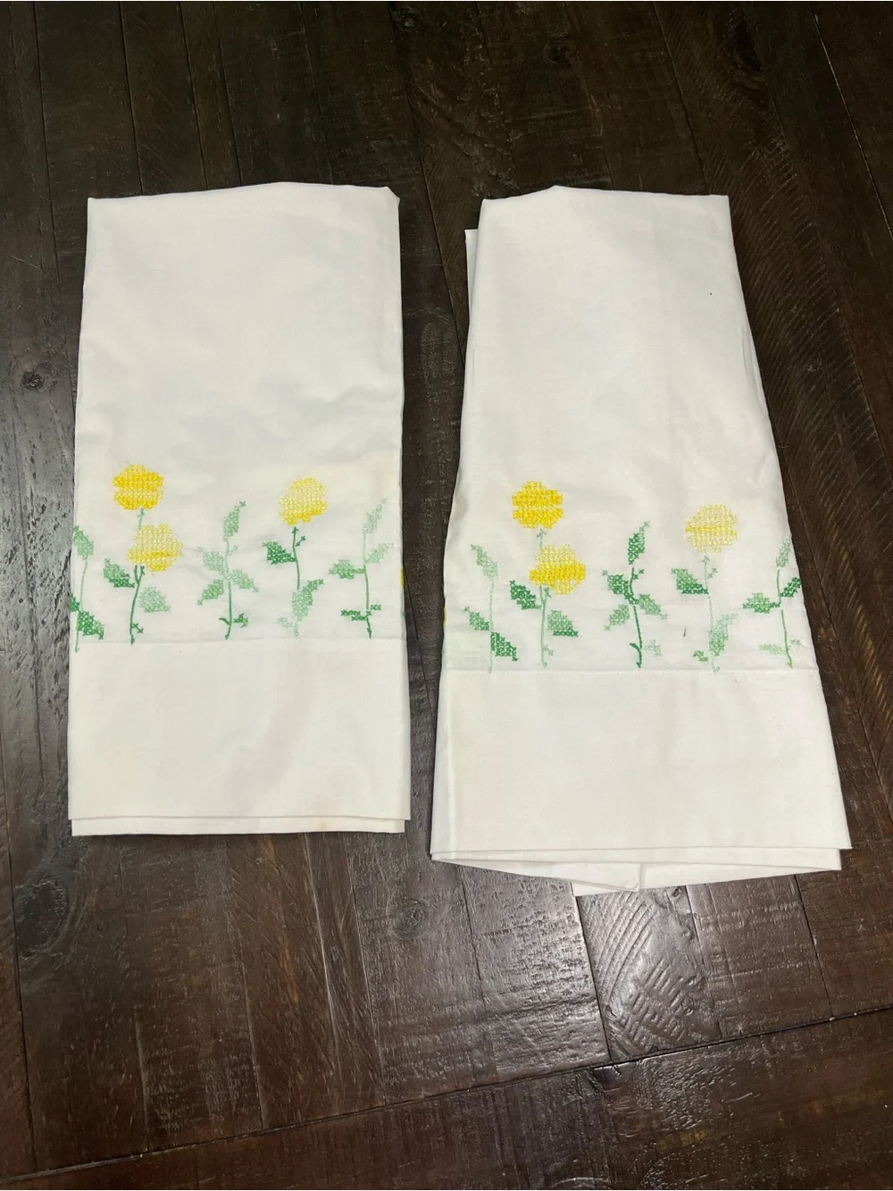 Set of Vintage Embroidered Yellow Floral Cotton pillowcase White and 42x36